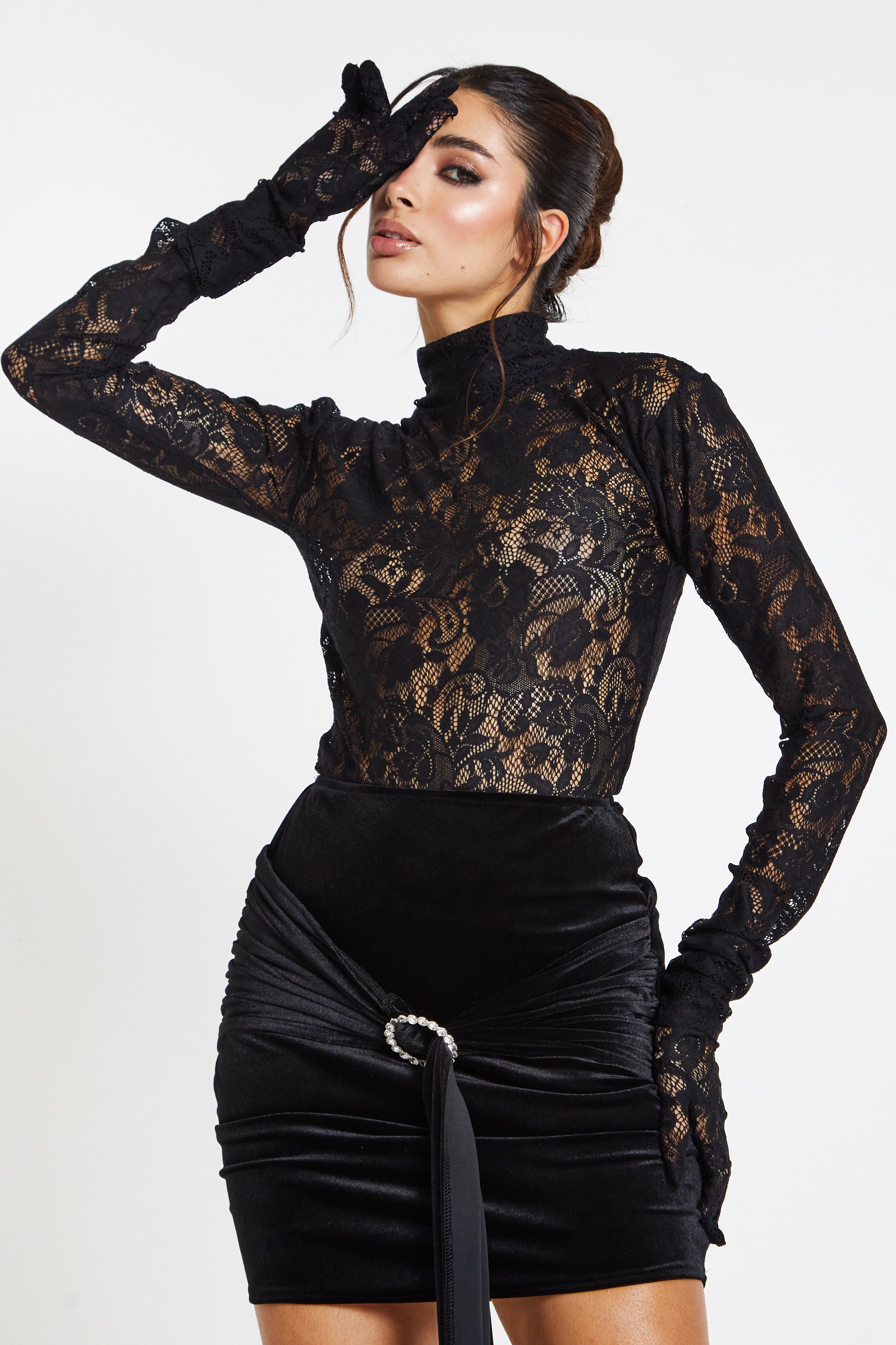 Kylie Black Lace Top With Removable Gloves PRE ORDER